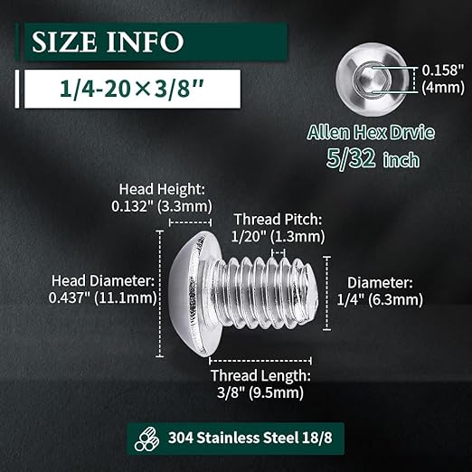 1/4-20 x 3/8" Button Head Socket Cap Bolts Screws, 304 Stainless Steel 18-8, Allen Hex Drive, Bright Finish, Fully Machine Thread, Pack of 50