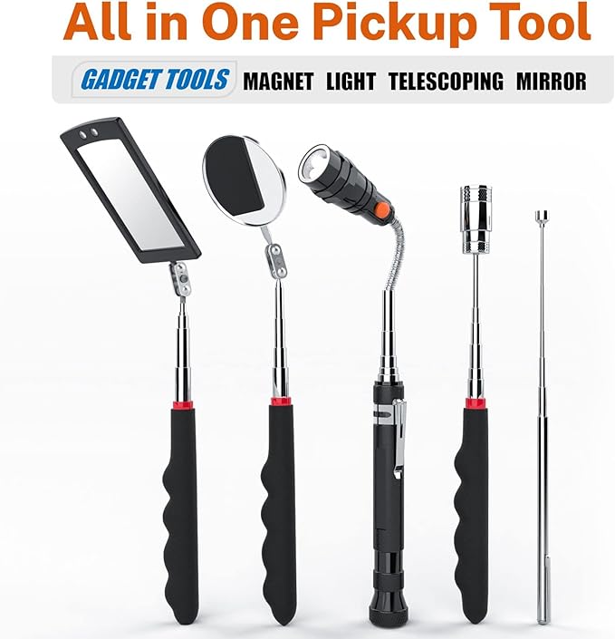 Telescoping Magnetic Pickup Tool Set with 1 & 15 lb Pick Up Sticks, Round and Square Adjustable Inspection Mirror and Flexible LED Flashlight, Christmas Stocking Stuffers for Men Adults, Gifts for Him