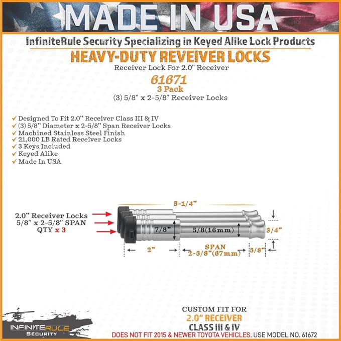 61671 | 3 Pack, Keyed Alike, Receiver Locks for 2" Receiver - Class III & IV