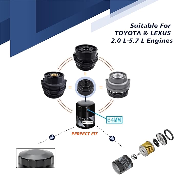 Oil Change Kit with Magnetic Drain Plug & Oil Filter for Toyota/Lexus 2.0L-5.7L 64mm Filter Wrench, Drain Tool, Oil Funnel,Gloves