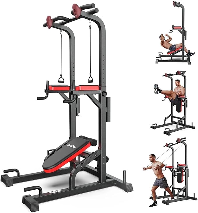 Power Tower Dip Station Pull Up Bar for Fitness Home Gym Workout,Multi-Function Adjustable Height Fitness Strength Training Exercise Equipment,with Power Elastic Ropes (Red Black)