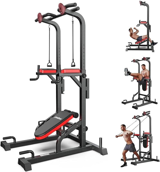 Power Tower Dip Station Pull Up Bar for Fitness Home Gym Workout,Multi-Function Adjustable Height Fitness Strength Training Exercise Equipment,with Power Elastic Ropes (Red Black)