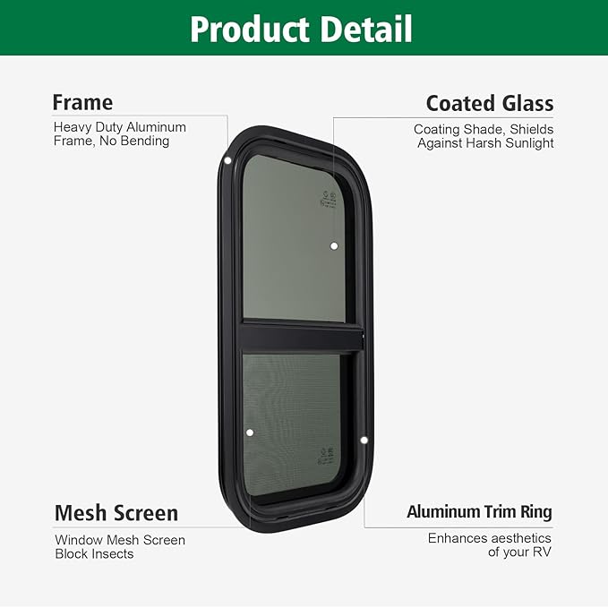 Dulepax Vertical RV Window, 18" W x 15" H Tinted Slide Trailer Window, Tempered Glass Camper Window Replacement with Net Screen and Trim Ring, DOT Approved