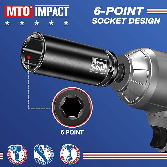 MTO 1/2" Drive 21mm Deep Impact Socket, 6 Pt. Metric Socket, CR-MO Steel & Anti-Corrosion Coating for Heavy-Duty Use