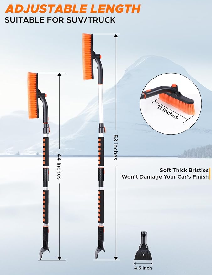 EcoNour 53″ 3 in 1 Extendable Snow Brush with Ice Scraper for Car Windshield | 360° Pivoting Long Snow Brush for SUV, Truck, and Car | Winter Car Accessories