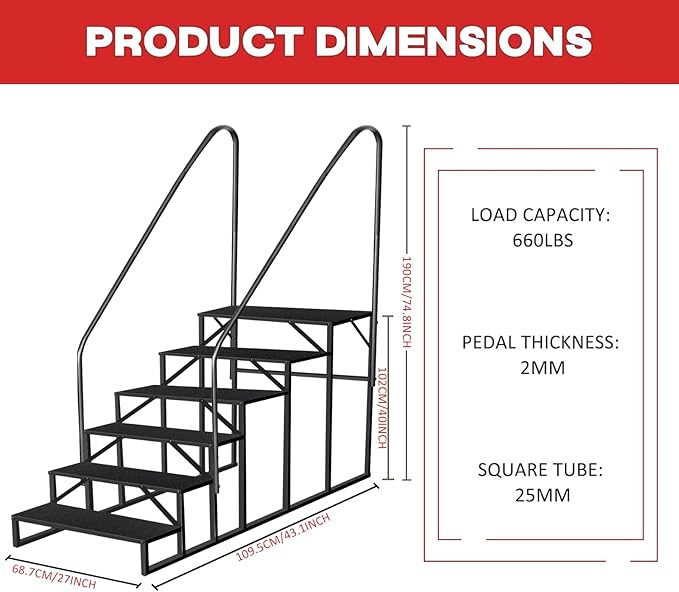 6 Step Hot Tub Steps Outdoor, RV Steps with 2 Handrails, Portable RV Stairs, Heavy Duty Truck Camper Steps Ladders for Travel Trailers, 5th Wheel, Motor Home, Spa, and Porch