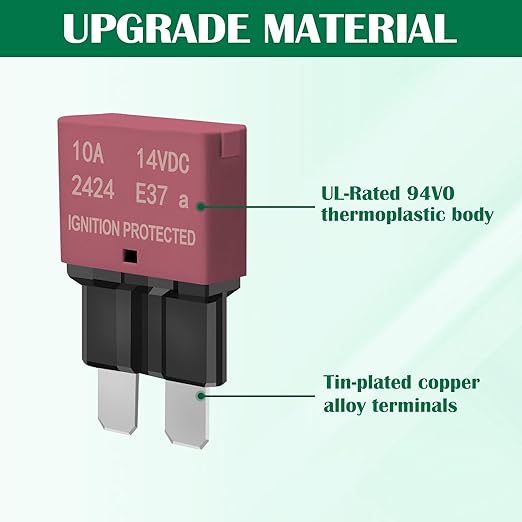 10A Auto Reset Blade Fuse - Replace Standard 10A ATC/ATO Fuses, 14VDC Waterproof Circuit Breaker for Cars, Trucks, Boats, RVs, and Solar Systems (Pack of 5)