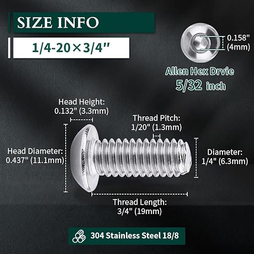 1/4-20 x 3/4" Button Head Socket Cap Bolts Screws, 304 Stainless Steel 18-8, Allen Hex Drive, Bright Finish, Fully Machine Thread, Pack of 50