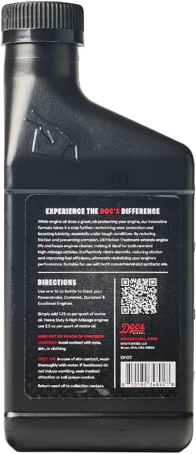 Doc's Diesel Oil Friction Treatment – Engine Oil Additive for Gas & Diesel Engines | Reduces Wear, Noise & Vibration | Boosts Fuel Economy & Power | 1-Pack (16 oz)