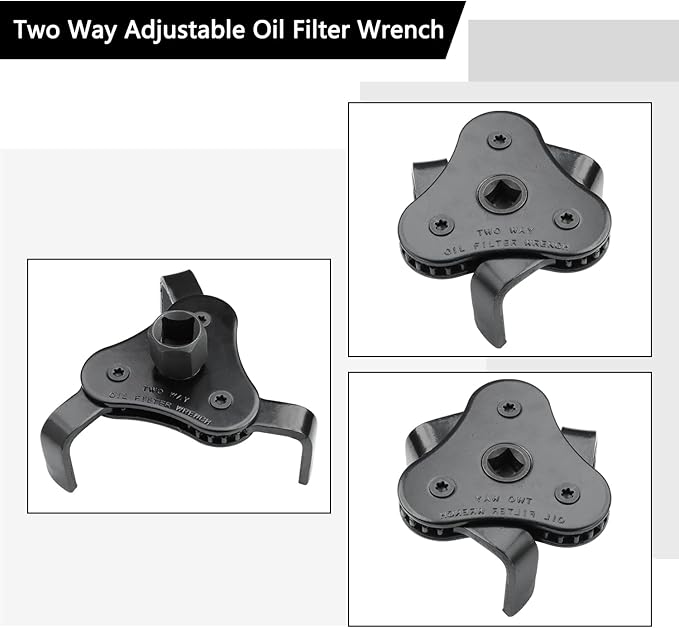 Universal Adjustable Oil Filter Wrench, Carbon Steel, Black, 1/2 & 3/8 Inch Square Drive Socket, 3-Jaw & 2-Way Design