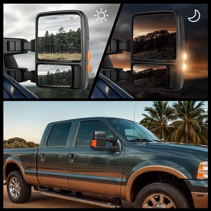 DWVO Tow Mirrors Compatible with 1999-2007 Ford F250 F350 F450 F550 Super Duty & 2000-2005 Excursion, 2-Piece of Towing Mirrors with Amber Turn Signal & Power Heated, Folding Side Mirror, Direct Fit