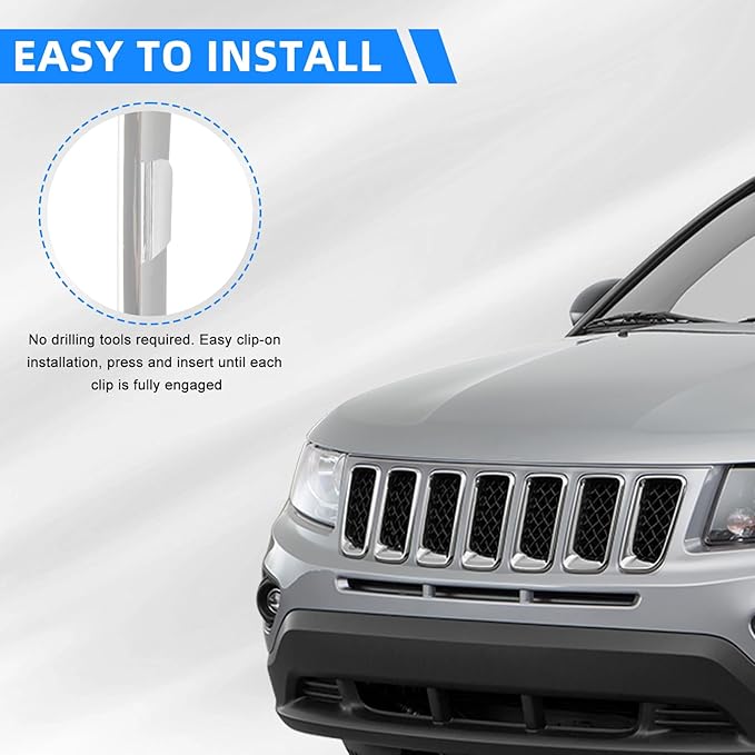 JINCHEN 7pcs Grill Mesh Inserts Clip-on Compatible with Jeep Compass 2011-2016, Front Grill Inserts Grille Cover Frame Trims (Chrome)