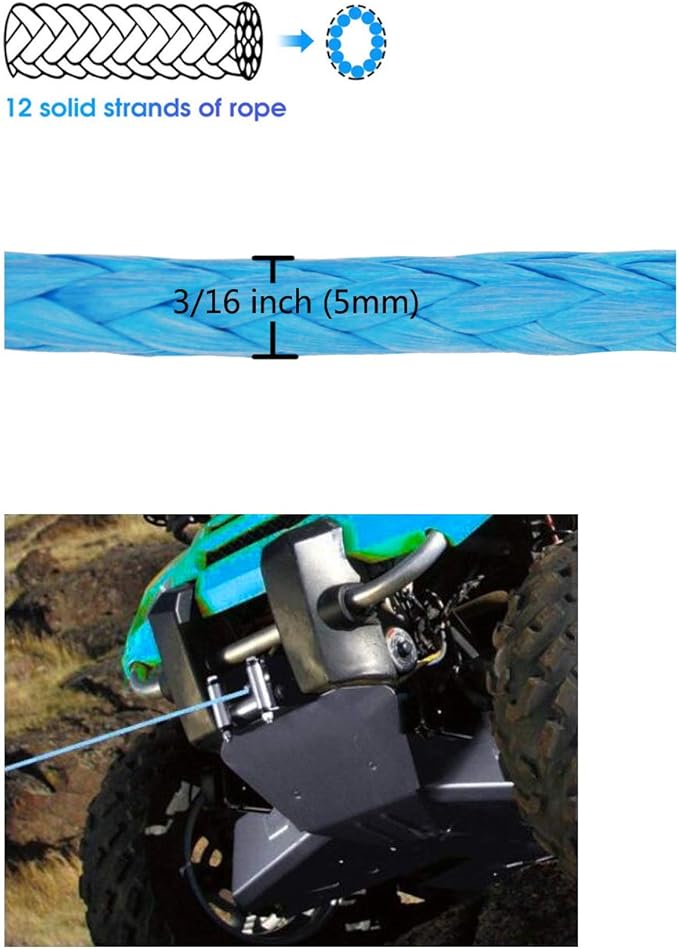 Ucreative 3/16 Inch x 50 Feet Synthetic Winch Line Cable Rope 8,350LBs with Black Protecing Sleeve for ATV UTV (Blue)