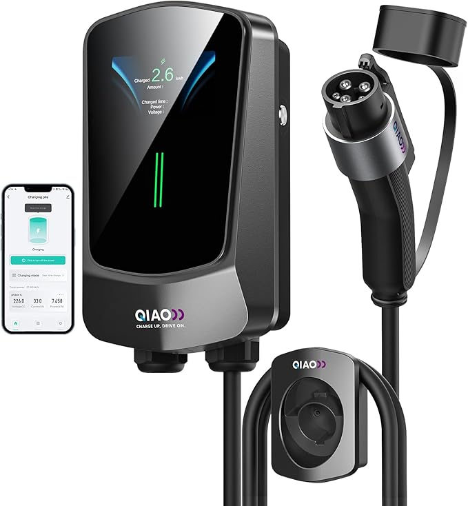 QIAO Level 2 EV Charger, Up to 48A Hardwired Electric Car Charger, Wi-Fi Bluetooth APP Enabled EVSE, 4.3in Display, 25ft Cable, Charge Station Compatible with All SAE J1772 EV Models (Black)
