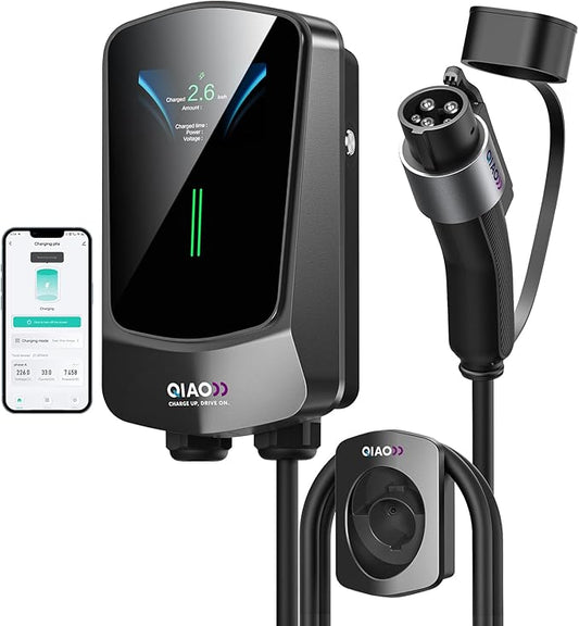 QIAO Level 2 EV Charger, Up to 48A Hardwired Electric Car Charger, Wi-Fi Bluetooth APP Enabled EVSE, 4.3in Display, 25ft Cable, Charge Station Compatible with All SAE J1772 EV Models (Black)