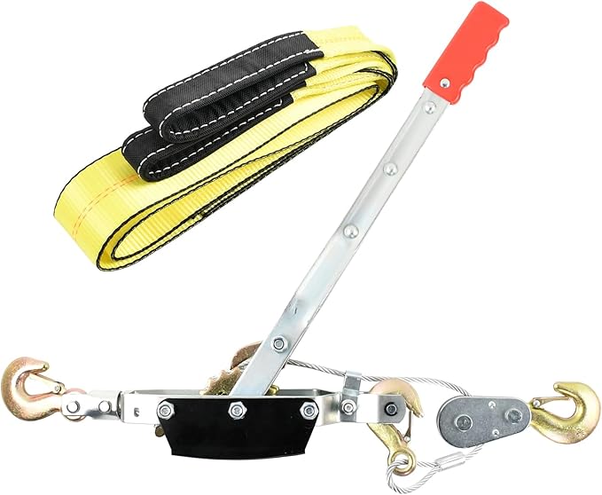 5 Ton Heavy Duty 3 Hook Steel Cable Dual Gear Power Puller Come Along Chain Winch Ratchet Tool with 3'' Inch x 8' Foot Winch Strap, Tow Strap (30,000 BLS Capacity)