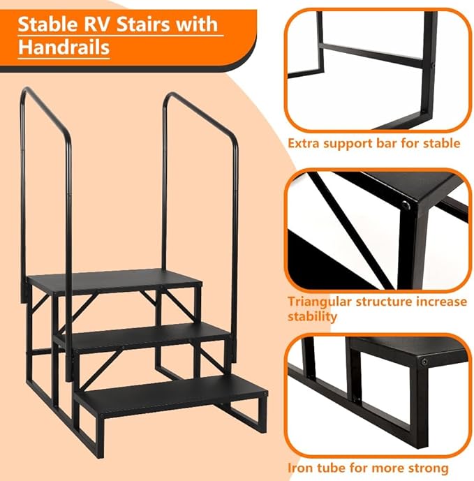 LUCKUP 3 Step RV Stairs with Handrails- Non Slip Hot Tub Steps Portable Mobile Home Stairs for RV, Travel Trailer, Camper Outdoor (Black)