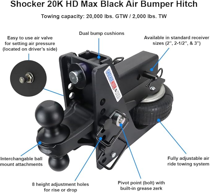 Shocker HD Max Air Hitch & Combo Ball, Fits 2" Hitch Black Combo 2" & 2-5/16" Balls