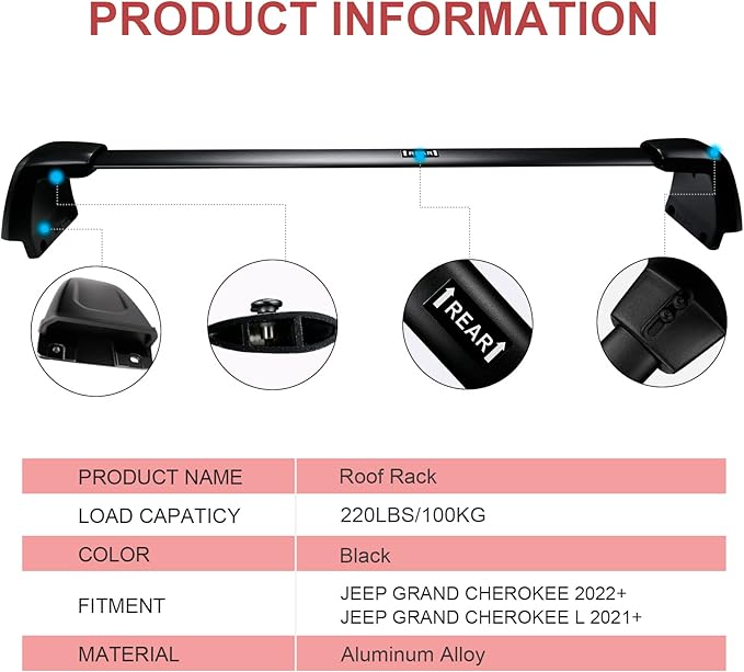 KINGGERI 220lbs Roof Rack Cross Bars Fit for Jeep Grand Cherokee L 2021-2026 & Grand Cherokee 2022-2026, Heavy Duty Aluminum Roof Rails Crossbars Carrier Bag Luggage Rails Kayak Skiboard