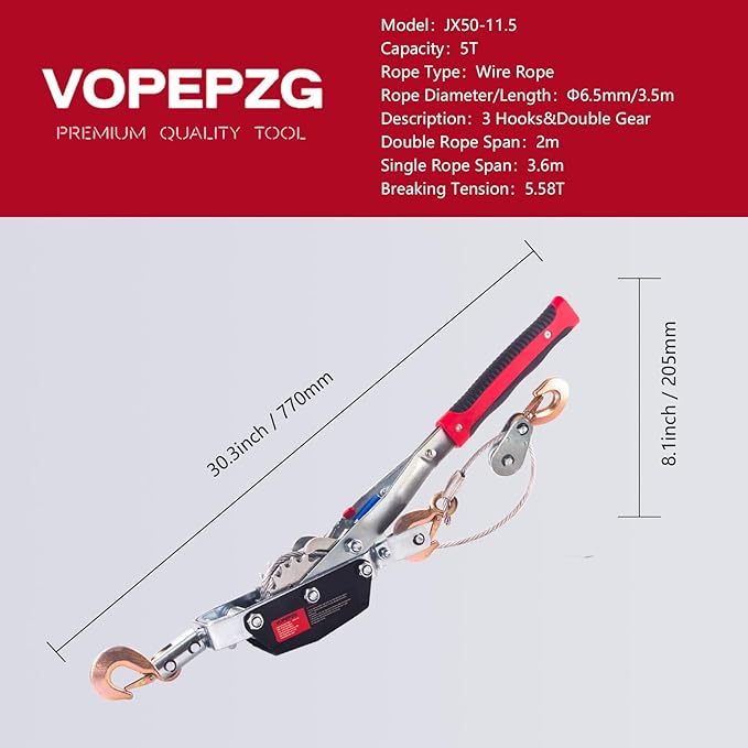 Come Along Winch,5 Ton Capacity with 11.5FT Steel Cable,Heavy Duty Come Along Tool with Dual Gears,3 Hooks,Hand Winch Tool for Road Vehicle Recovery and Pulling Tree,Fence Stretcher,Frame