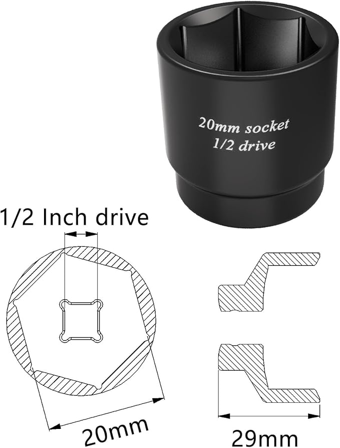 20mm Stubby Impact socket, Oil Filter socket wrench tool 1/2driver 6 Point,for Removal Axle Nut - 20mm