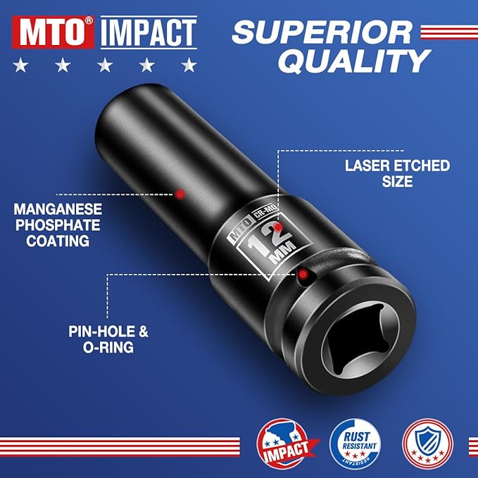 MTO 1/2" Drive 12mm Deep Impact Socket, 6 Pt. Metric Socket, CR-MO Steel & Anti-Corrosion Coating for Heavy-Duty Use