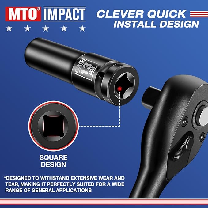 MTO 1/2" Drive 13mm Deep Impact Socket, 6-Point Metric Socket for Automotive Maintaince, CR-V Steel Meets ANSI Standards