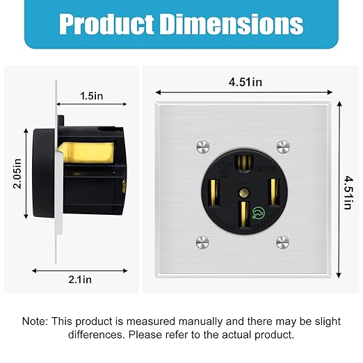 NEMA 14-50R Outlet 50 Amp EV Charging with Stainless Steel Wall Plate Receptacle 125/250V 3-Pole 4-Wire for Electric Vehicles Charging, RVs, Welders and Large Appliance