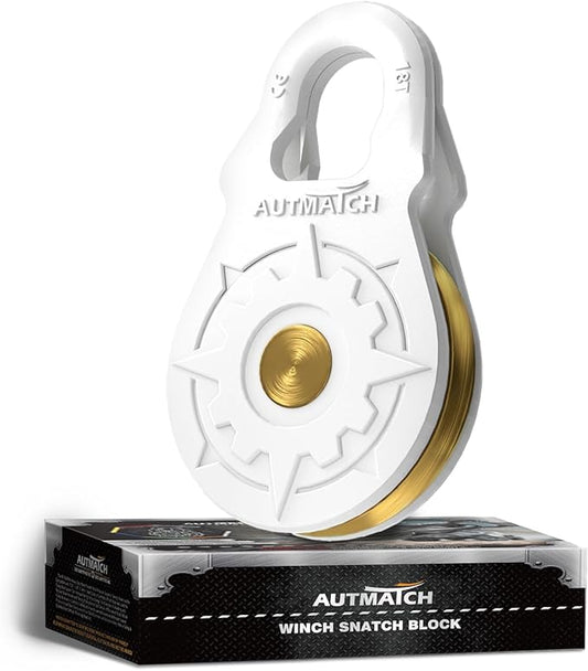 AUTMATCH Winch Snatch Block 18 Ton - Winch Pulley (79,366 Lbs) Break Strength, Heavy Duty Off Road Recovery Towing Pulley Blocks for Synthetic Rope or Steel Cable, Truck, UTV, ATV, White