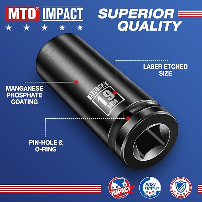 MTO 1/2" Drive 19mm Deep Impact Socket, 6-Point Metric Socket for Automotive Maintaince, CR-V Steel Meets ANSI Standards
