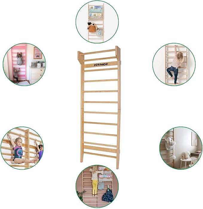 JOYMOR Gymnastics Swedish Ladder, Multiuse Exercise Ladder, Wall Mounted Pull Up Bar, Physical Therapy for Stretching and Various Exercises, Indoor Gym Workout Yoga (Wood Stall Bar)