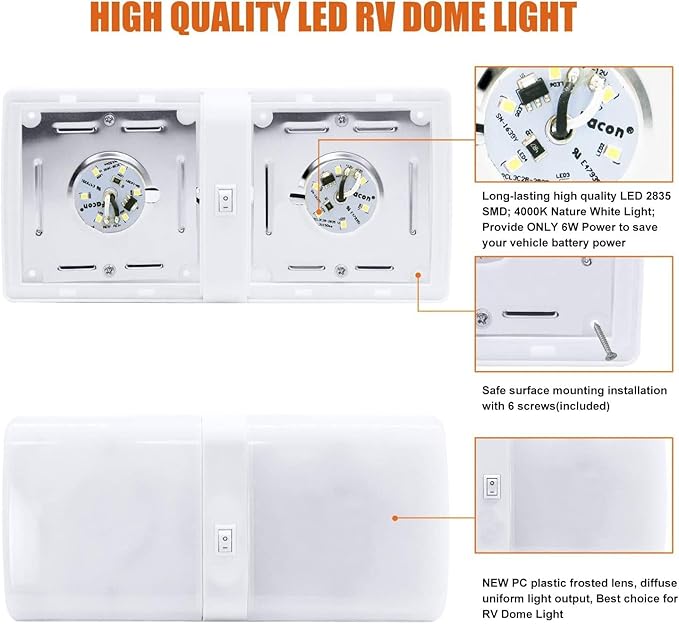 Facon Square RV Motion Sensor Light - 7W 500LM Cool White (4000K) 12V Interior Lighting, Double Dome LED Ceiling Lights for RV Bathroom Hallway Camper Boat