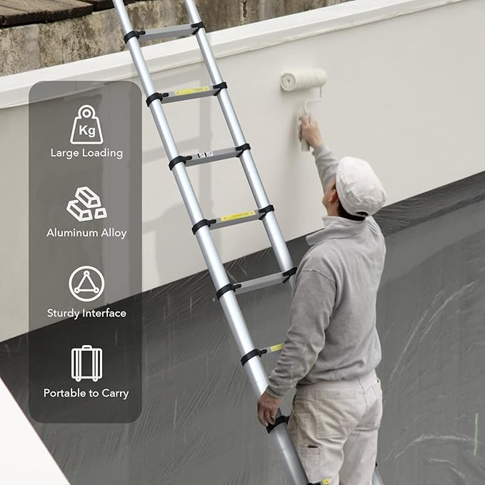 15.5FT Telescoping Ladder, Multi-Purpose Aluminum Extension Ladder with Triangle Stabilizers and Non-Slip Feet, Retractable Extendable Ladder for Home, RV and Outdoor Work Silvery