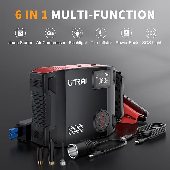 UTRAI Jump Starter with Air Compressor, 6000A 27000mAh Car Starter Jump Box with 150PSI Tire Inflator, Portable Jump Pack (All Gas/10L Diesel), DC160W, QC3.0 Jumper Cables, 1600LM Light
