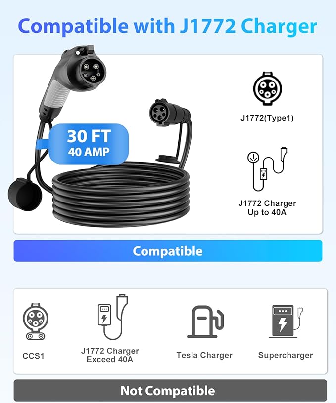 EV Charger Extension Cable, J1772 Extension Cable 40A 30FT Charging Cord for Electric Vehicle 110V-240V Compatible for All SAE J1772 Chargers (40A - 30FT)