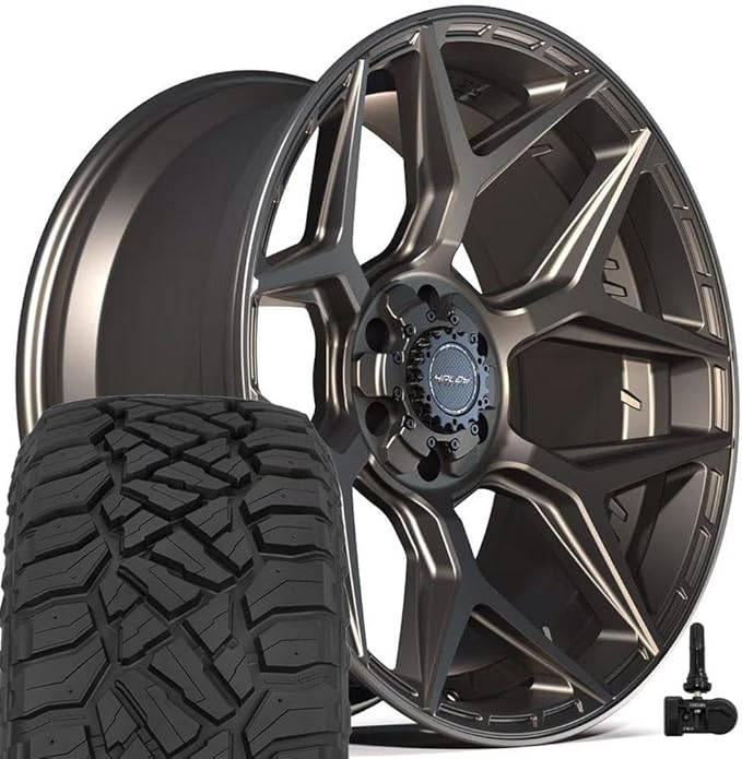 4PLAY Wheels 4P06 22 Inch Rims and Tires Fit 6x135 & 6x139.7 22x10 Satin Bronze - TerraMax RT 33x12.50/22 (Set of 4)