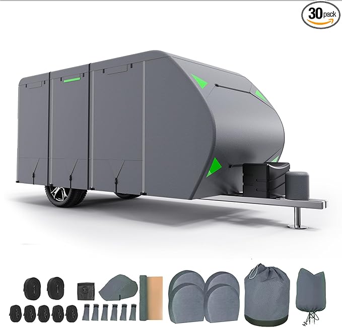 Utility 20-22 ft Travel Trailer Cover - Rip-Stop 6 Layers, Waterproof Windproof, Anti-UV, Includes RV Jack & Tire Covers, Gray
