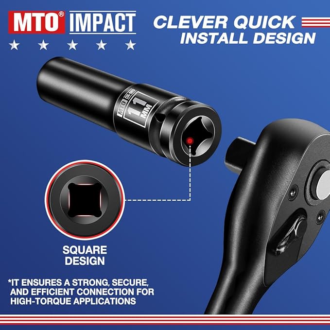MTO 1/2" Drive 11mm Deep Impact Socket, 6 Pt. Metric Socket, CR-MO Steel & Anti-Corrosion Coating for Heavy-Duty Use