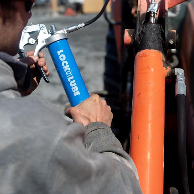 LockNLube Heavy-Duty Pistol Grip Grease Gun. Includes our patented LockNLube® Grease Coupler (Locks On, Stays On, Won't Leak!) plus a high-quality 20" hose and in-line hose swivel