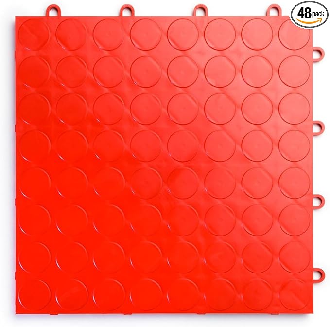 Big Floors RaceDeck CircleTrac, Interlocking Non-Slip Garage Flooring Tile, Durable, Modular, Heavy-Duty Copolymer, Easy Install (Red, 48 Pack of 12 x 12" Tiles)