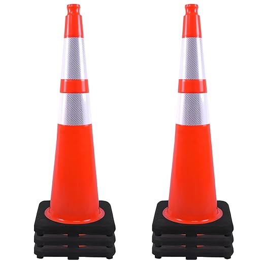 OrangeStar 6 Pack 36" Traffic Cones with Weighted Rubber Base, 2 Reflective Collars, Large Safety Cones for Parking Lot, Road Construction, Warehouse, Highway, Weatherproof PVC