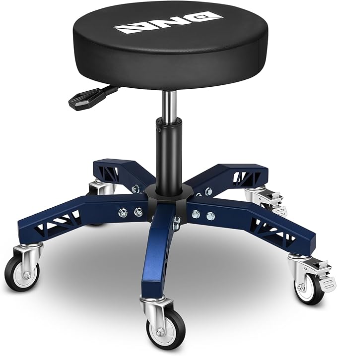 DNA Motoring Rolling Shop Stool, Adjustable Height Padded Rolling Seat, Pneumatic Roller Mechanic Stool for Garages, 300lbs Capacity, TOOLS-00635-BK-BL