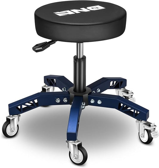 DNA Motoring Rolling Shop Stool, Adjustable Height Padded Rolling Seat, Pneumatic Roller Mechanic Stool for Garages, 300lbs Capacity, TOOLS-00635-BK-BL