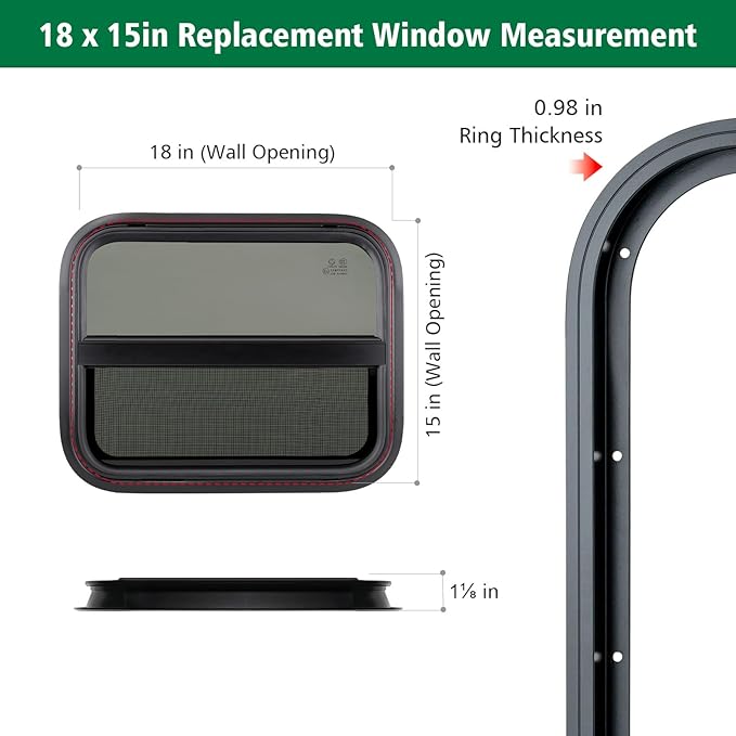 Dulepax Vertical RV Window, 18" W x 15" H Tinted Slide Trailer Window, Tempered Glass Camper Window Replacement with Net Screen and Trim Ring, DOT Approved