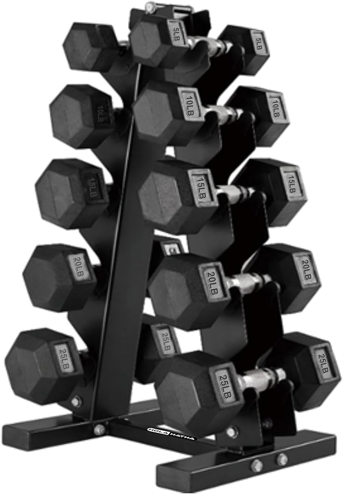 HolaHatha Hexagonal Dumbbell Free Hand Weight Set w/Rack