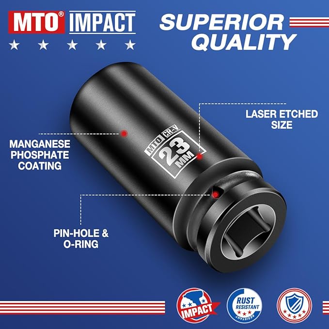 MTO 1/2" Drive 23mm Deep Impact Socket, 6-Point Metric Socket for Automotive Maintaince, CR-V Steel Meets ANSI Standards