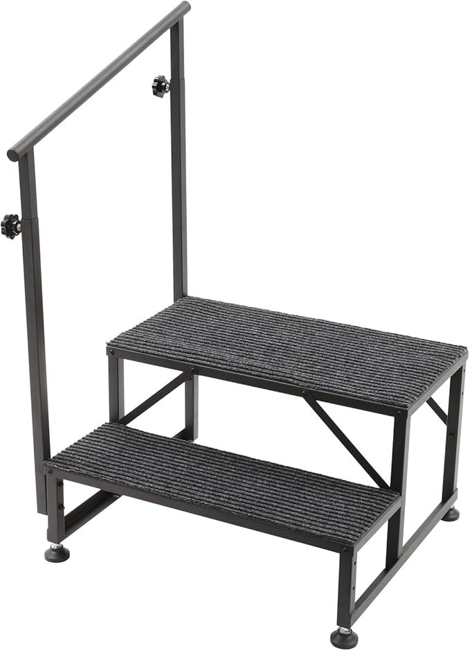 RV Steps with Handrails, 2 Steps Mobile Home Stairs Steps Outdoor W/Non-Slip Mats, Portable Stairs for Travel Trailer Motor Home, Camper