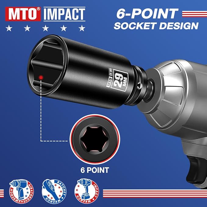 MTO 1/2" Drive 29mm Deep Impact Socket, 6 Pt. Metric Socket, CR-MO Steel & Anti-Corrosion Coating for Heavy-Duty Use