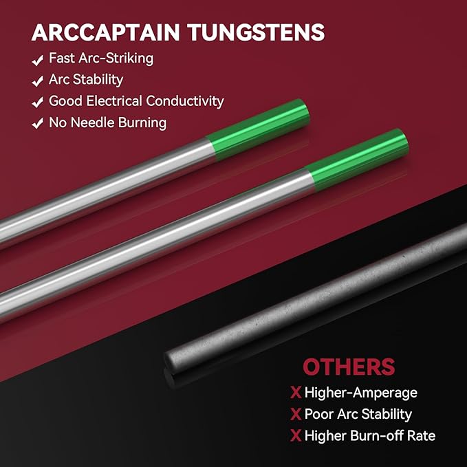 ARCCAPTAIN TIG Welding Tungsten Electrode 10-Pack 1/8" x 7"(Green - Pure Tungsten, WP, EWP)