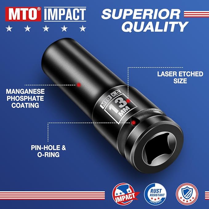 MTO 1/2" Drive 13mm Deep Impact Socket, 6-Point Metric Socket for Automotive Maintaince, CR-V Steel Meets ANSI Standards